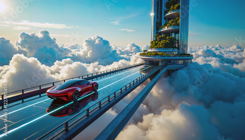 Futuristic red sports car drives on a high-tech elevated road above the clouds towards a modern, sky-high building.
