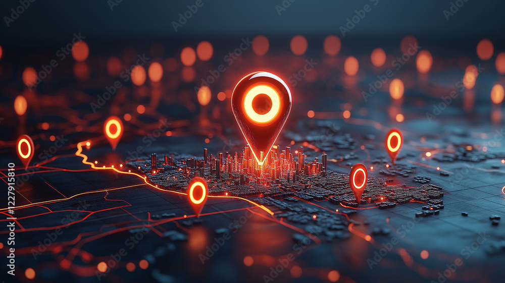 glowing location pin stands out on dark city map, surrounded by multiple pins, creating vibrant and modern visual representation of navigation and connectivity glowing location pin stands out on dark city map, surrounded by multiple pins, creating vibrant and modern visual representation of navigation and connectivity