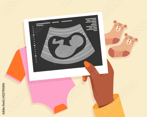 Hand holding ultrasound image with baby onesie and bear-patterned socks on a pastel background. Concept of pregnancy, motherhood, and anticipation. Vector illustration