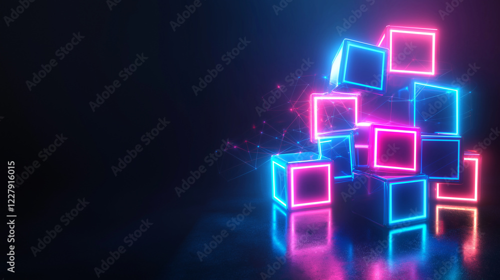 Glowing neon cubes stacked in dark space, creating vibrant abstract scene. interplay of light and shadow adds depth and intrigue to composition Glowing neon cubes stacked in dark space, creating vibrant abstract scene. interplay of light and shadow adds depth and intrigue to composition