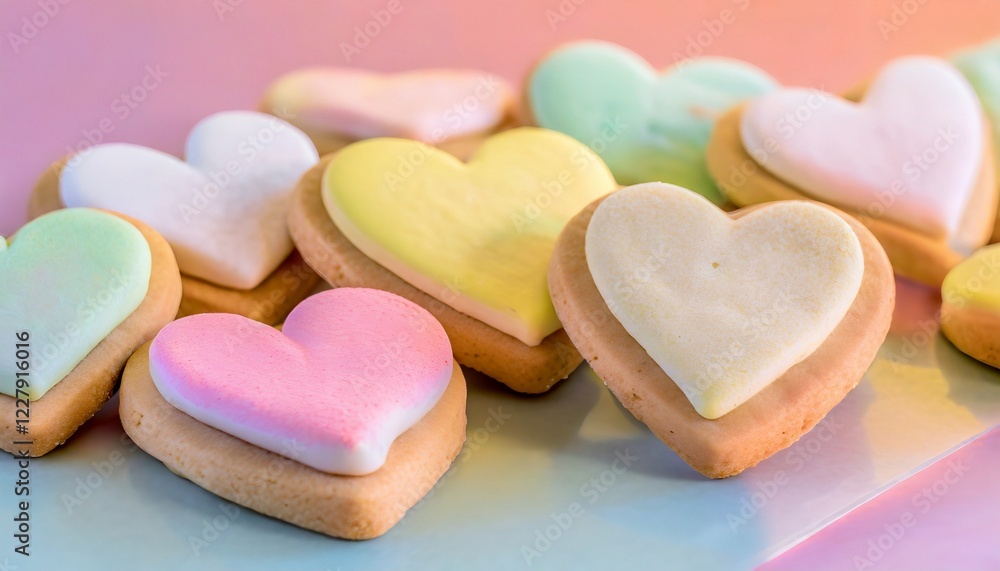 Fototapeta premium Heart-shaped colorful sweet cookies in pastel shades