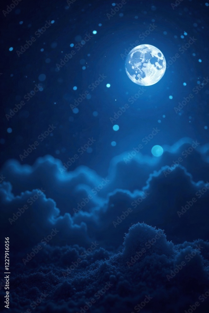 Dark blue background with glittering bokeh of stars and moon in a mystical setting , moon, blue Dark blue background with glittering bokeh of stars and moon in a mystical setting , moon, blue