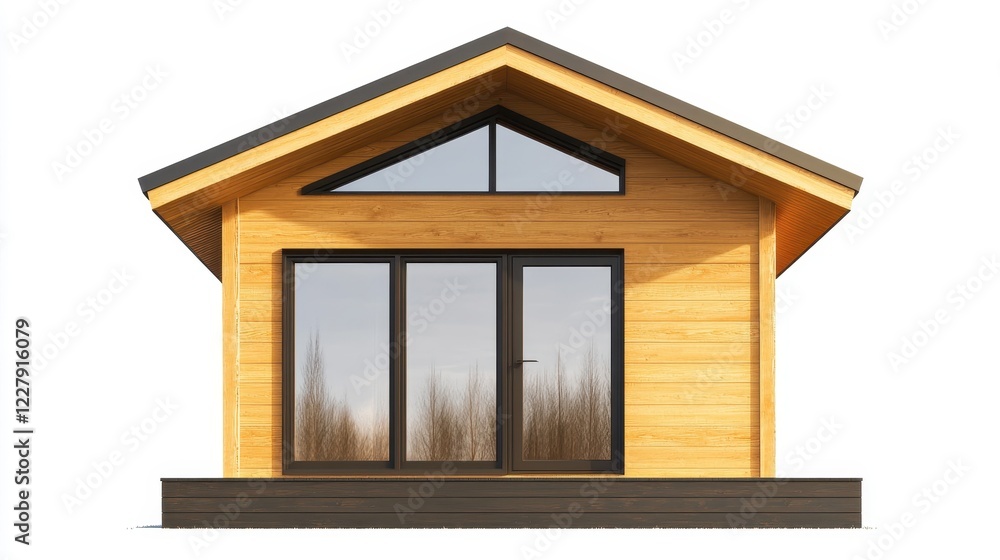 Modern Wooden House with Large Windows and Roof Overhang Modern Wooden House with Large Windows and Roof Overhang