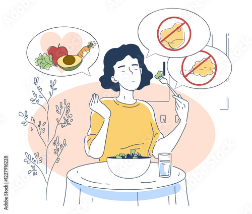 Woman at a table with a salad, rejecting unhealthy foods in thought bubbles and embracing fruits and vegetables. Minimalist style on a white background. Healthy lifestyle concept. Vector illustration