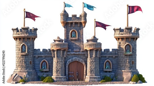 Fairytale medieval castle for fantasy kingdom. Cartoon vector illustration set of magic fantasy king fortress palace with princess tower. Royal building with flags on turret, gates and windows.
