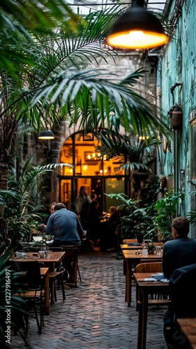 Cozy indoor cafeteria with plants and warm lighting, showing a person sitting at a table with his back to a table teleworking and more people in the background