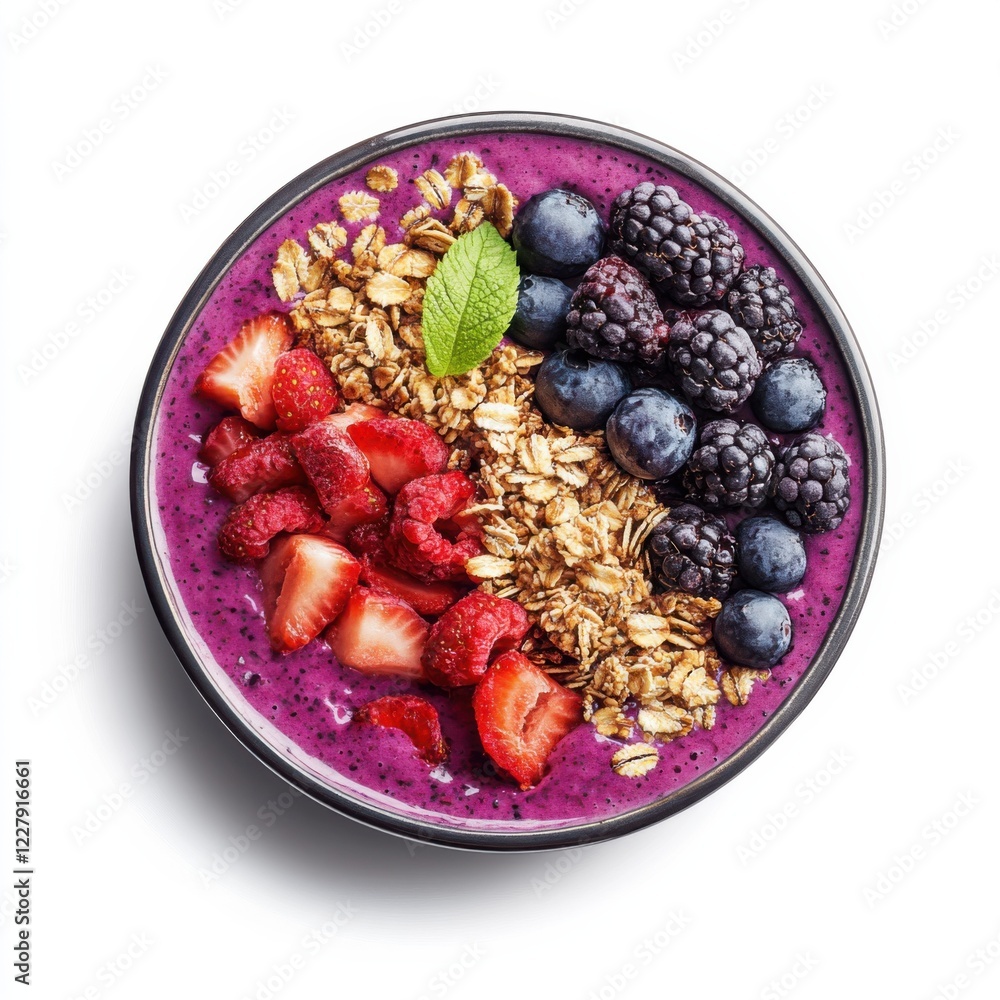 A vibrant mixed berry smoothie bowl with granola topping, isolated white background, cubist art style A vibrant mixed berry smoothie bowl with granola topping, isolated white background, cubist art style