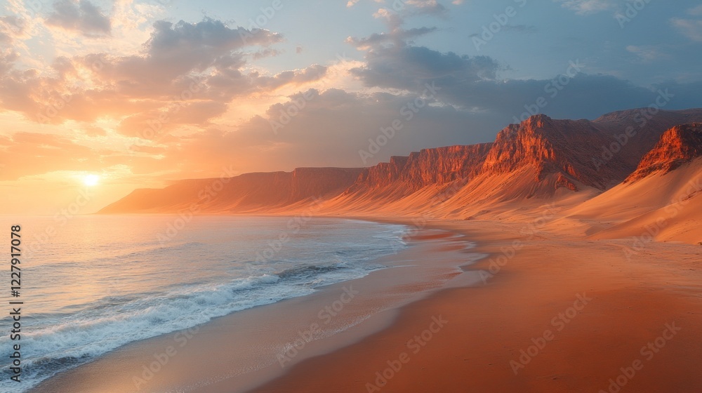 Fototapeta premium Scenic coastal landscape featuring warm sunset light on cliffs and sandy beach with ocean waves