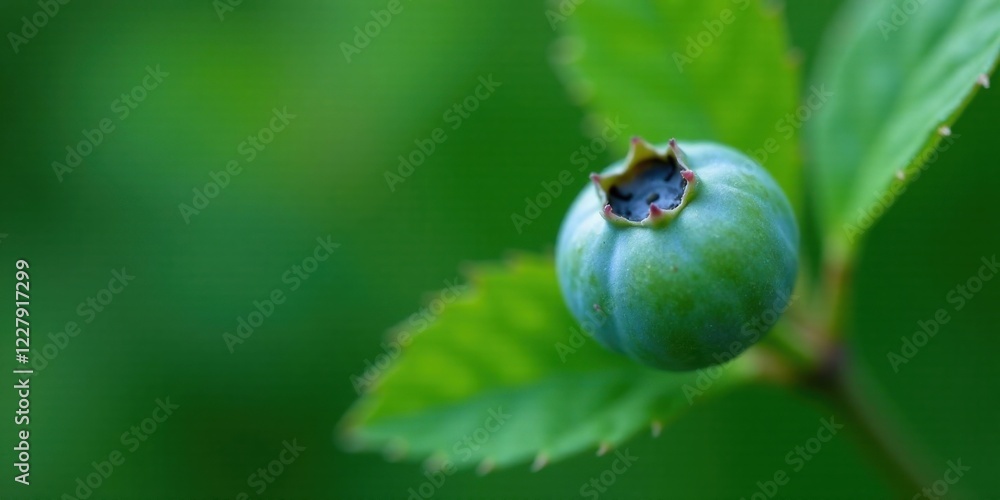 A single, unripe berry hangs delicately from a vibrant green leaf, a testament to the quiet beauty of nature's unfolding cycle A single, unripe berry hangs delicately from a vibrant green leaf, a testament to the quiet beauty of nature's unfolding cycle