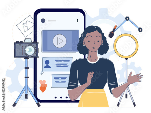 Illustration of a content creator with a camera, ring light, and smartphone on a white background. Represents digital media creation and online engagement. Vector illustration