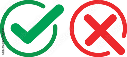 Green check and X mark, isolated tick symbols, check and X mark signs, and approval badge. Flat and modern check and X mark design in circle, vector illustration.