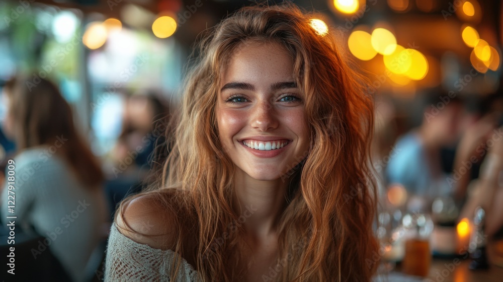 Young Woman With Wavy Hair Smiling Joyfully in a Lively Cafe Setting During Evening Hours Surrounded by Friends and Warm Lighting. Generative AI Young Woman With Wavy Hair Smiling Joyfully in a Lively Cafe Setting During Evening Hours Surrounded by Friends and Warm Lighting. Generative AI