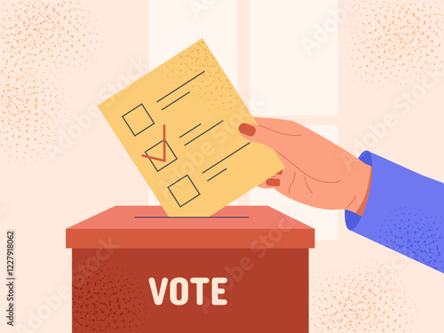 A hand placing a voting ballot into a red box labeled VOTE, on a pastel background. Minimalist graphic style. Concept of election and democracy. Vector illustration
