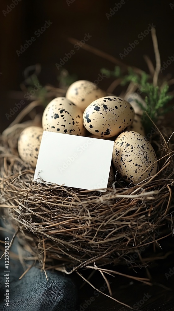 Obraz premium Spring scene with speckled eggs in a natural nest, featuring a blank white card and dry grass