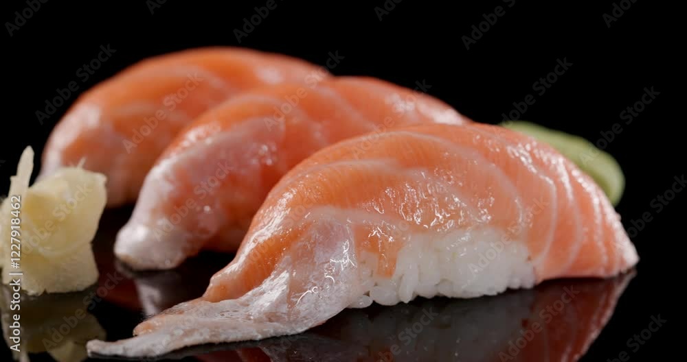 perfectly served uncooked meal, fresh nigiri sushi with raw pink salmon and soft rice being served perfectly with pickled ginger and wasabi in a delicious Japanese meal perfectly served uncooked meal, fresh nigiri sushi with raw pink salmon and soft rice being served perfectly with pickled ginger and wasabi in a delicious Japanese meal