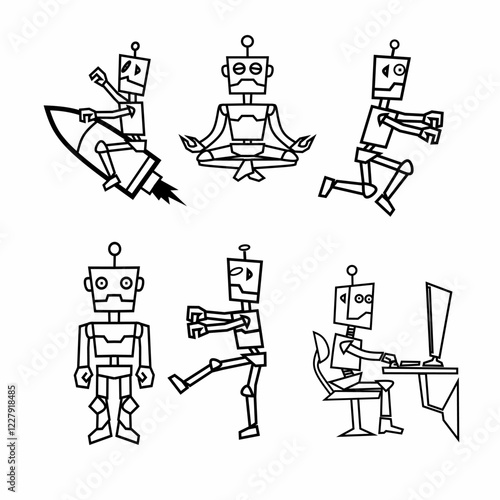 set of cartoon robot, gesture walking, working, meditating, and fly. Vector illustration isolated on white