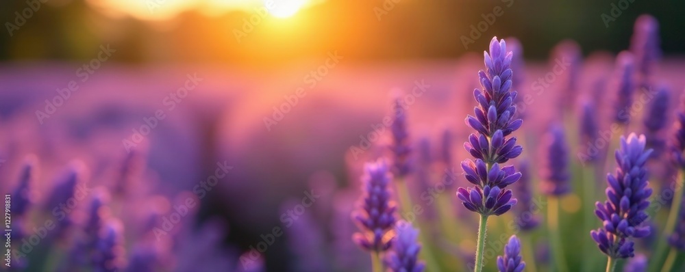 Fototapeta premium Soft lavender blooms sway gently in the fading light, Warm Glow, Golden Hour, Lavender fields