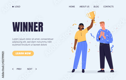 Illustration of a cheerful woman holding a trophy, with confetti and a clapping man. Flat design on a light background. Concept of success and teamwork. Vector illustration