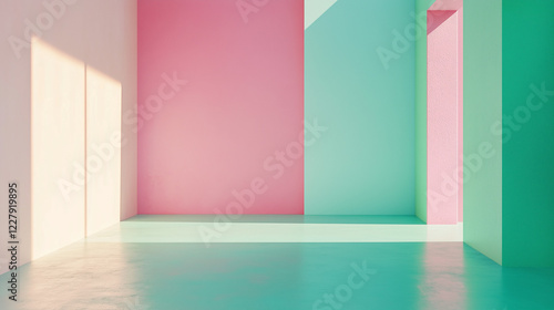 Empty room with pink and green walls, soft lighting, pastel colors, a minimalistic interior design concept
