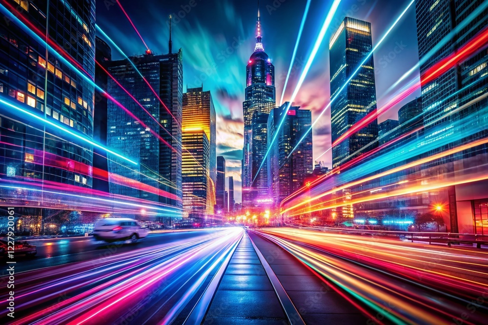 Fototapeta premium Futuristic City Lightspeed Motion Blur, Editable Text Effect, Cyberpunk Holo Metallic Background Stock Photo