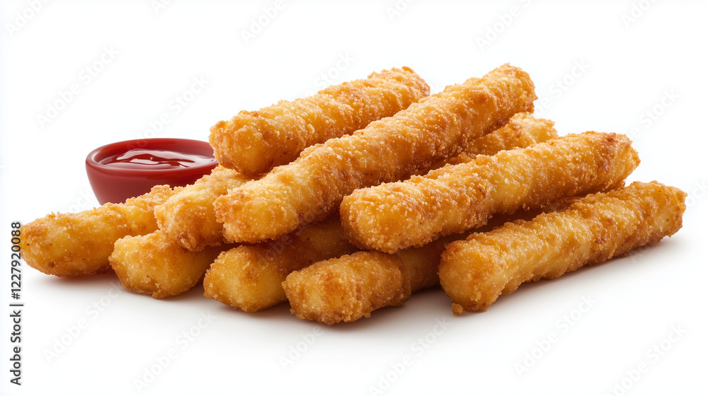 A pile of golden-brown, crispy mozzarella sticks on a white background with some ketchup next to them A pile of golden-brown, crispy mozzarella sticks on a white background with some ketchup next to them