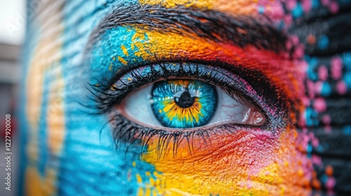 Close up of a Vibrant and Colorful Eye Mural Showcasing Detailed Artistry and Bright Hues in an Urban Setting During Daylight. Generative AI