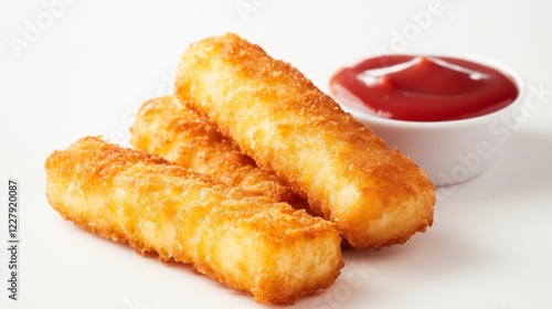 Fish sticks with ketchup on the side, against a white background