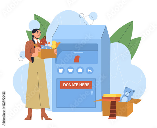 Woman holding a box of donations near a blue donation bin, surrounded by a teddy bear and books in boxes, on a light abstract background. Giving concept. Vector illustration.