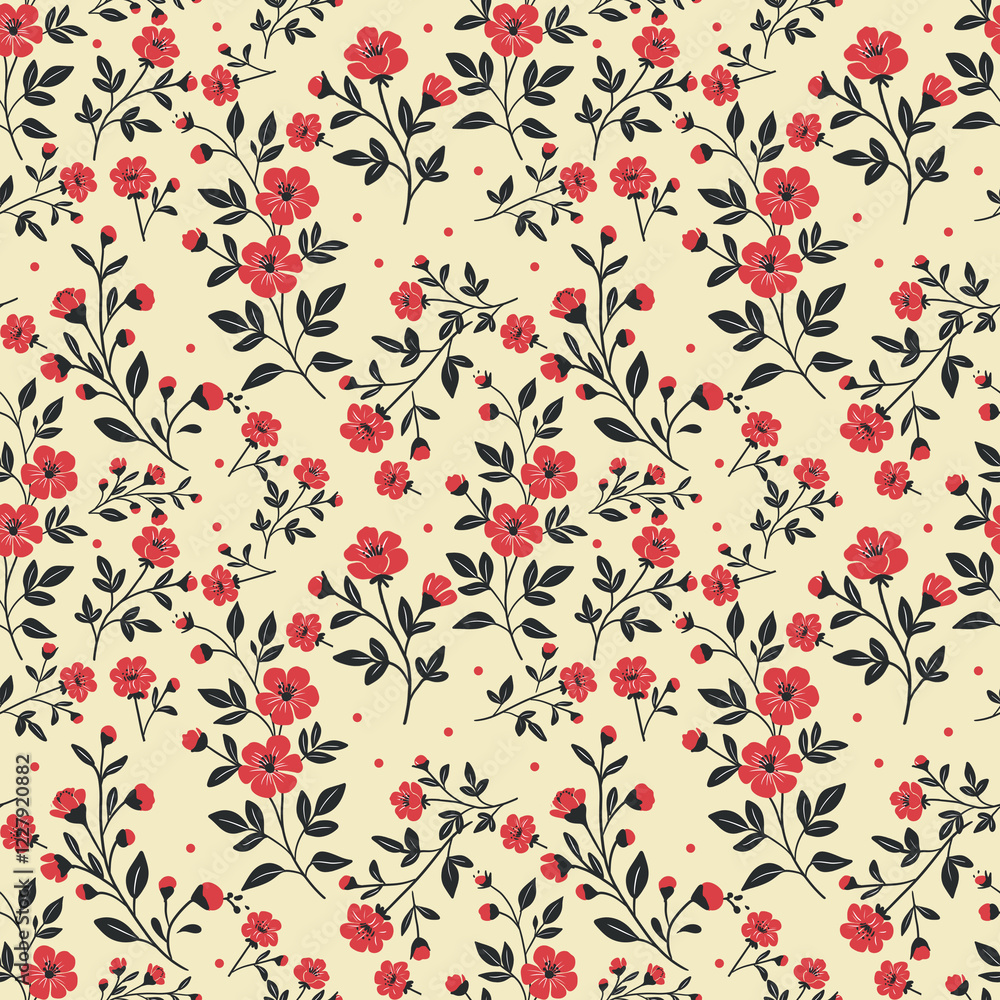 Red floral fabric pattern, black leaves, dots, light brown background, vintage Red floral fabric pattern, black leaves, dots, light brown background, vintage