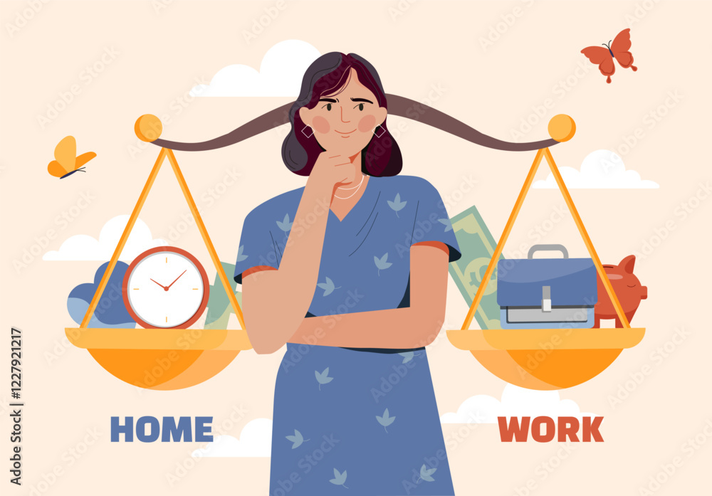 Φωτογραφία Woman thinking with scales showing work and home balance, surrounded by symbolic items like clock, money, piggy bank