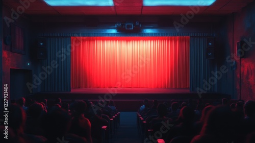 A small theatre with a glowing red curtain. A few silhouettes of people are visible in the background, watching from the seats in the foreground. photo