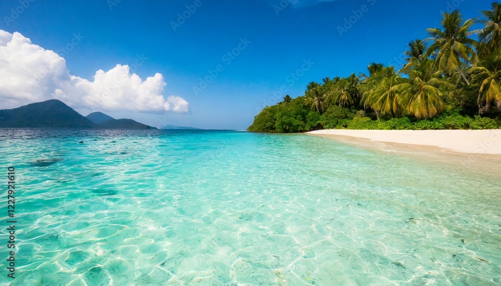 Fototapeta premium A breathtaking view of a remote tropical island with white sandy beaches and crystal-clear turquoise water under a bright sunny sky.