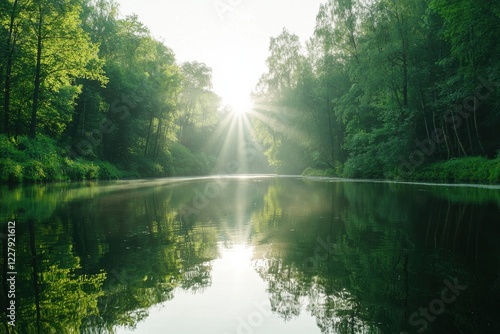 Golden hour serenity symmetrical trees reflecting in a calm pond nature landscape tranquil environment wide-angle view