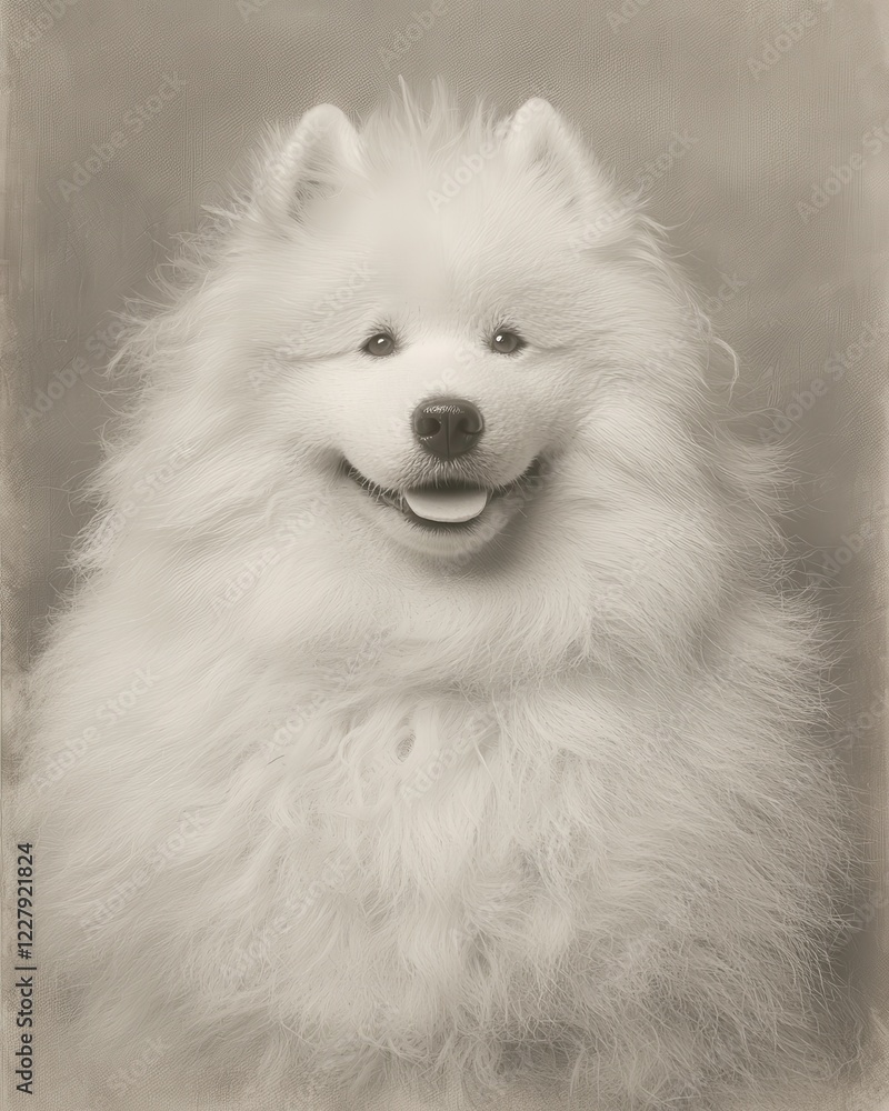 Fluffy samoyed dog portrait soft beige background children's book art cozy fabric whimsical perspective joyful concept Fluffy samoyed dog portrait soft beige background children's book art cozy fabric whimsical perspective joyful concept