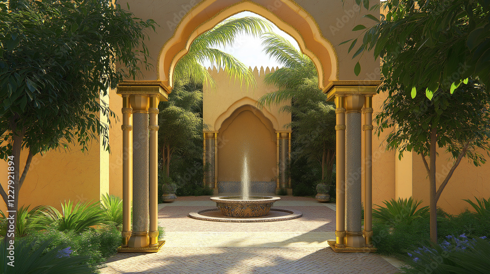Fototapeta premium A stunning Islamic courtyard with a central fountain surrounded by lush greenery and elegant arches. A peaceful oasis reflecting Arabic architecture.