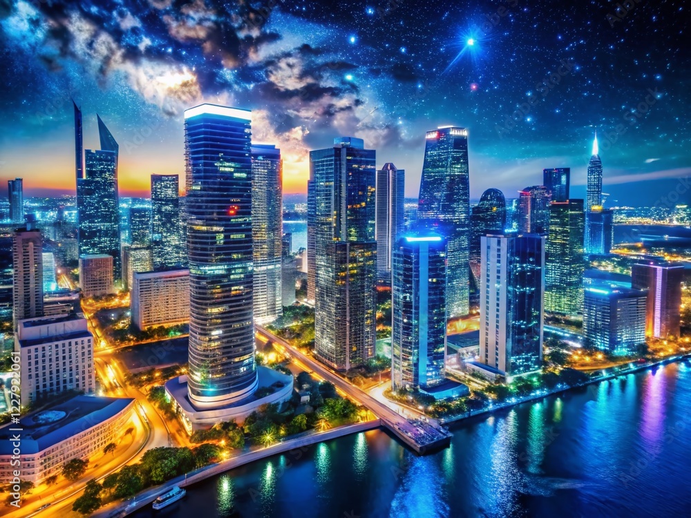 Fototapeta premium Futuristic Miami Nightscape: Aerial View of Luxurious City Skyline