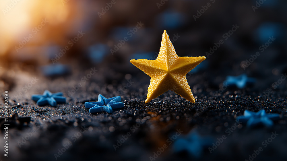 yellow star stands out among blue stars on dark background, creating striking visual contrast. scene evokes sense of wonder and uniqueness yellow star stands out among blue stars on dark background, creating striking visual contrast. scene evokes sense of wonder and uniqueness