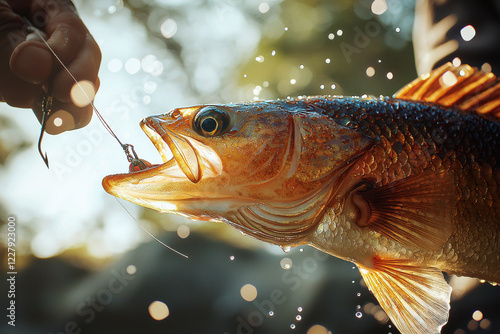 Close-up of a fisherman unhooking a vibrant fish in sunlight with sparkling water droplets photo