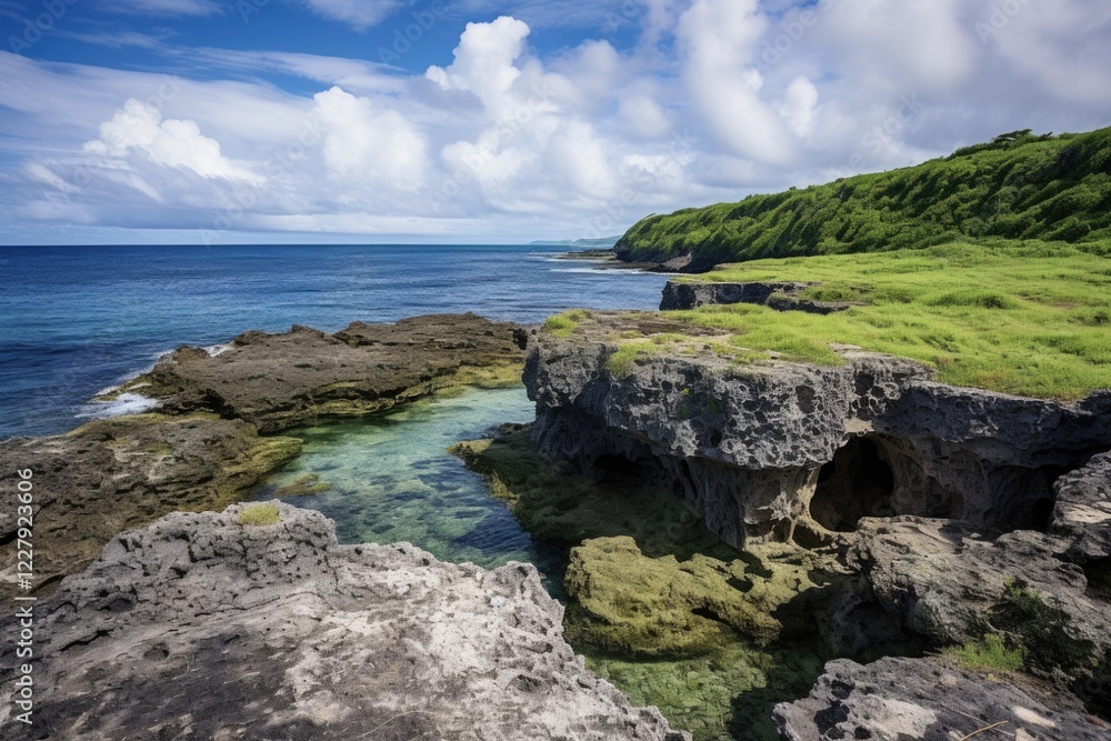 Hikutavake Reef in Niue Island: A Serene Landscape of Limestone, Bush, and Coral Amidst Greenery and Cloudy Skies (3:2 aspect ratio) Hikutavake Reef in Niue Island: A Serene Landscape of Limestone, Bush, and Coral Amidst Greenery and Cloudy Skies (3:2 aspect ratio)