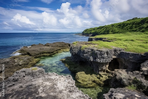 Hikutavake Reef in Niue Island: A Serene Landscape of Limestone, Bush, and Coral Amidst Greenery and Cloudy Skies (3:2 aspect ratio) photo