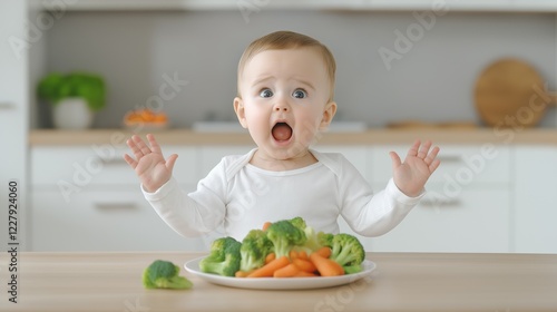 A shocked child with wide eyes and an open mouth reacts to a vibrant plate of fresh broccoli and carrots in a kitchen environment photo