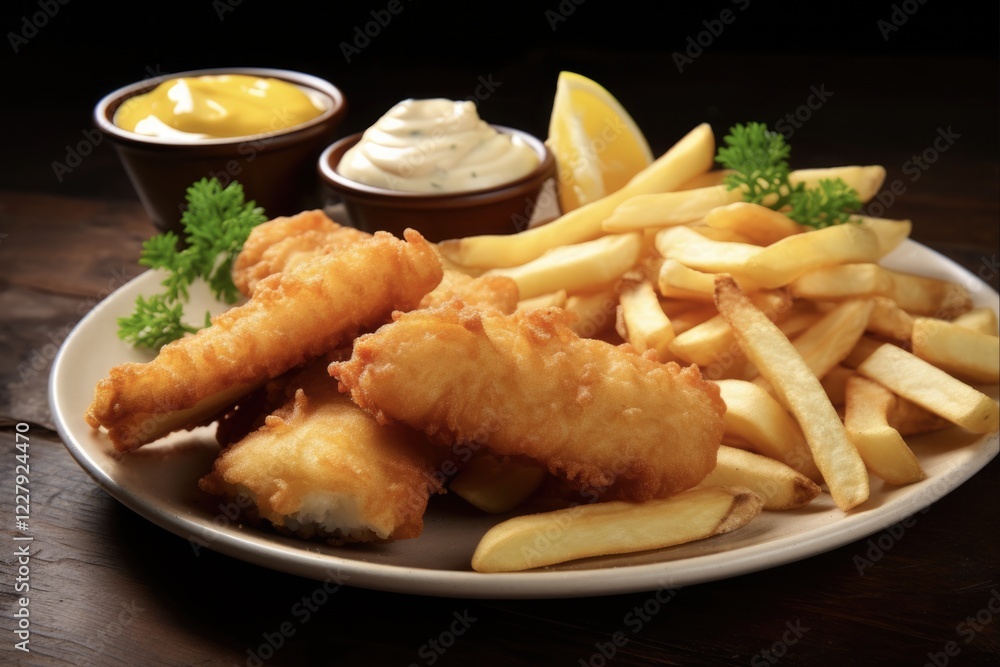 Homemade French Fried Lent Fish Fry with Healthy Batter and Lemon Sauce, Perfect for an Epicure feast at an Eatery Homemade French Fried Lent Fish Fry with Healthy Batter and Lemon Sauce, Perfect for an Epicure feast at an Eatery