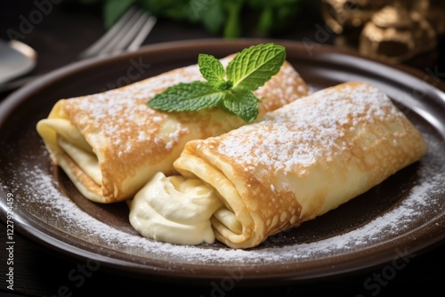 Homemade Cheese Blintz - Traditional Creamy Dessert Stuffed Crepes. Selective Focus on White Plate in Bungalow Cookery photo