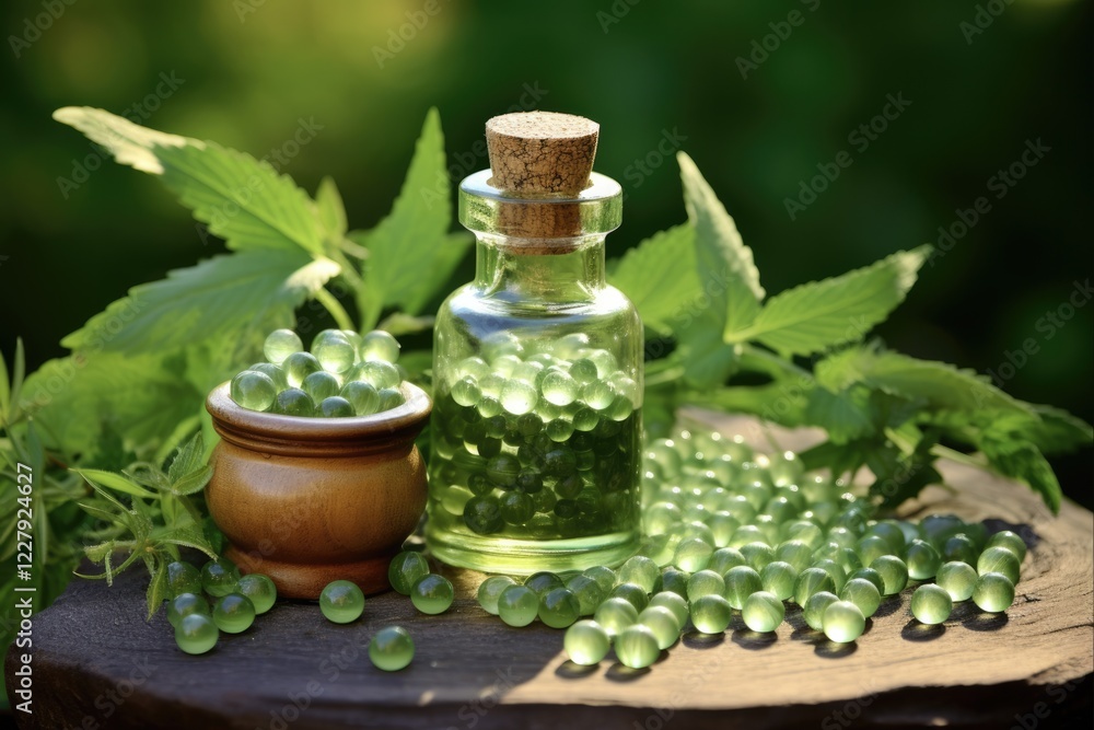 Homeopathic Medicine and Remedies: Bottle of Homeopathic Globules, Green Nettle and Mint Leaves Mortar, Juniper Twigs for Alternative Care Homeopathic Medicine and Remedies: Bottle of Homeopathic Globules, Green Nettle and Mint Leaves Mortar, Juniper Twigs for Alternative Care