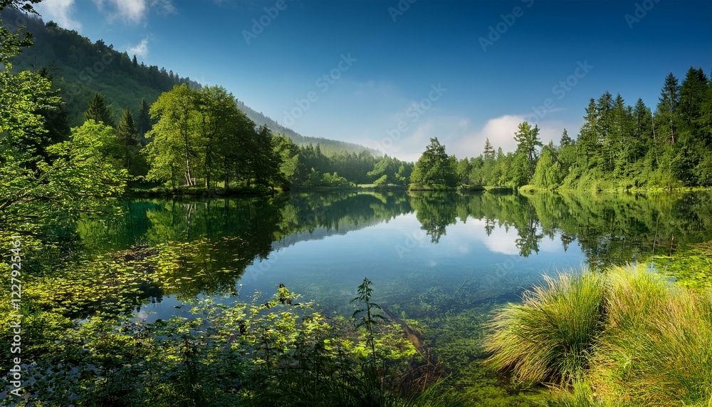 tranquil lake surrounded by lush greenery tranquil lake surrounded by lush greenery