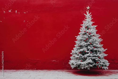 White Christmas Tree On Red...