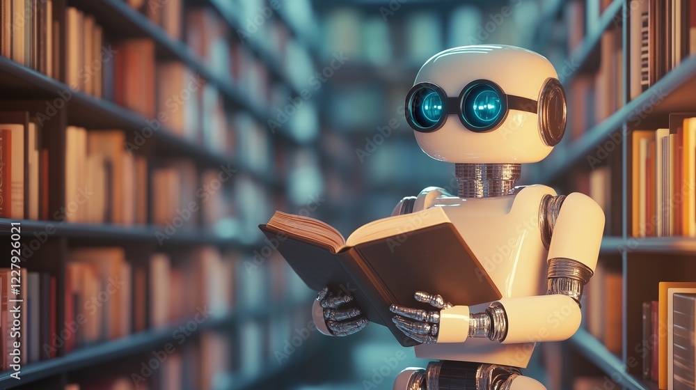 Fototapeta premium A humanoid robot engrossed in reading a book among the towering shelves in a modern library setting