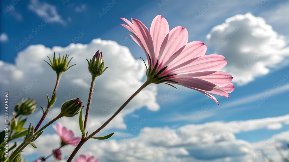 Close-Up of Pink Flower with Delicate Petals Against Sky and Clouds, Vibrant Pink Flower with Green Buds and Blue Sky in Soft Lighting, Pink Flower in Bloom with Bright Sky and White Clouds Background Close-Up of Pink Flower with Delicate Petals Against Sky and Clouds, Vibrant Pink Flower with Green Buds and Blue Sky in Soft Lighting, Pink Flower in Bloom with Bright Sky and White Clouds Background
