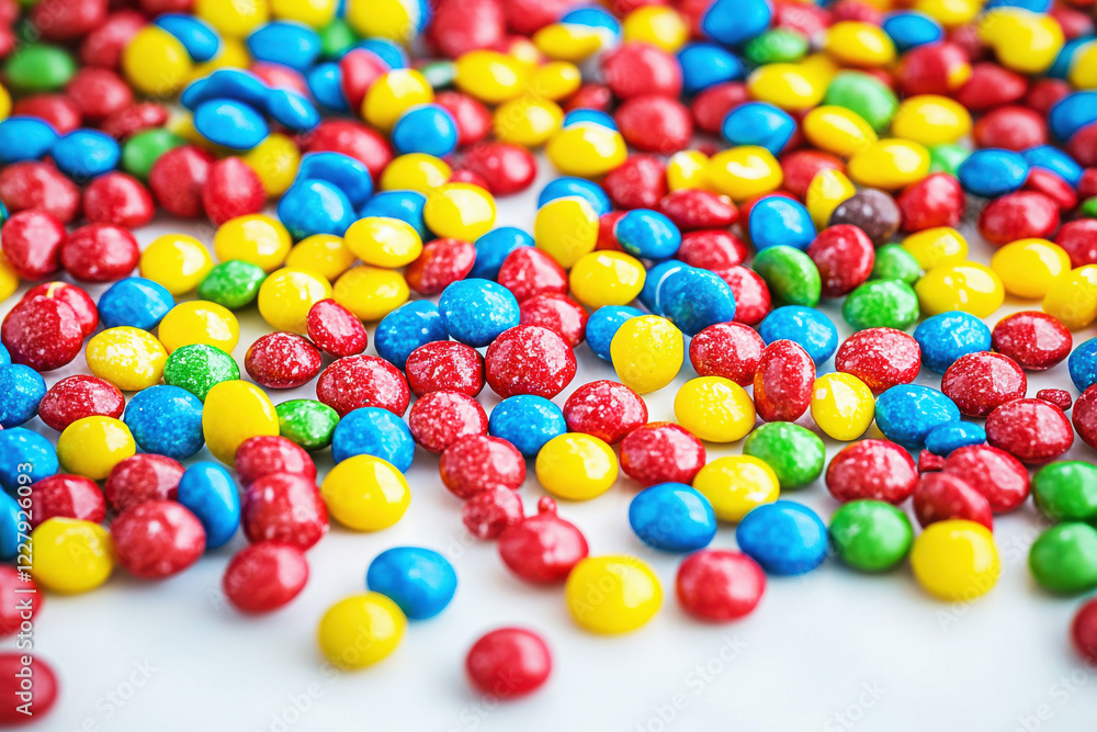 Colorful candy sprinkles create a vibrant display on a glossy white surface in a playful arrangement Colorful candy sprinkles create a vibrant display on a glossy white surface in a playful arrangement