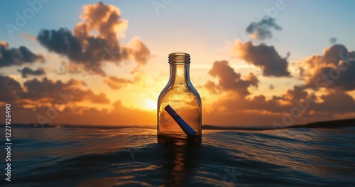 Une bouteille en verre contenant un message en papier flottant dans l'océan avec un magnifique coucher de soleil en arrière-plan. photo